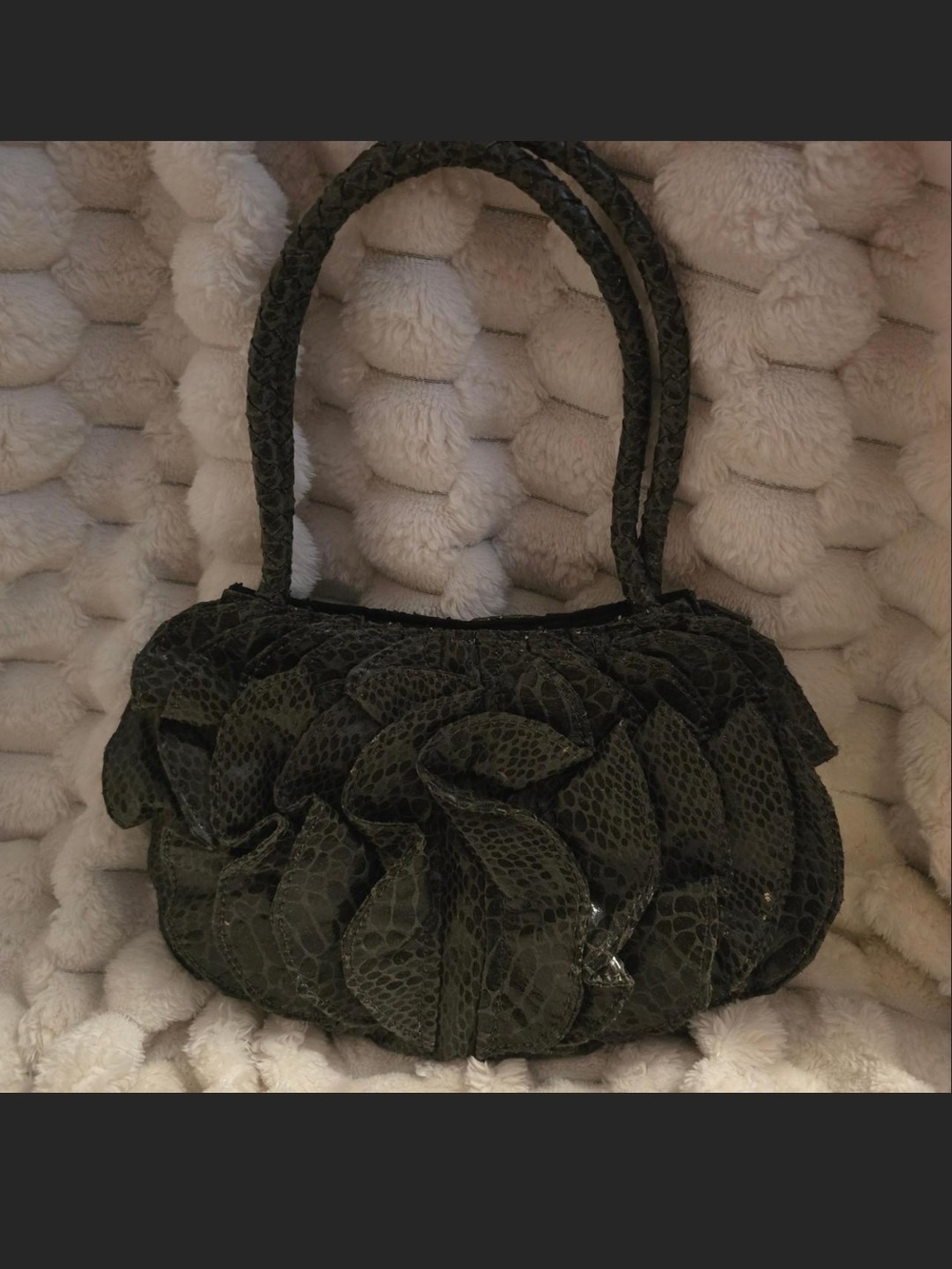 Sondra Roberts Olive Green Ruffle Shoulder Bag with Snake-Print Detail